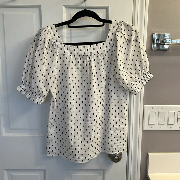 Loft Clip Sleeve Square Neck Puff Short Sleeve Top Black White Swiss Dot - Picture 5 of 5